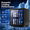 53 Can Mini Fridge with glass door, LED light, and removable shelf shown cooling drinks for home or office