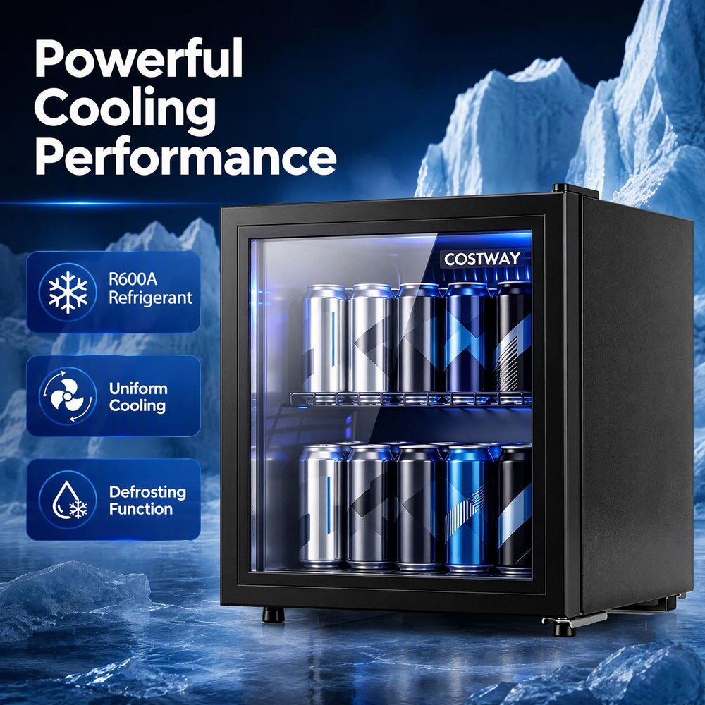 53 Can Mini Fridge with glass door, LED light, and removable shelf shown cooling drinks for home or office