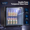 53 Can Mini Fridge with glass door shown storing drinks, highlighting heat insulation and sun protection for home or office.