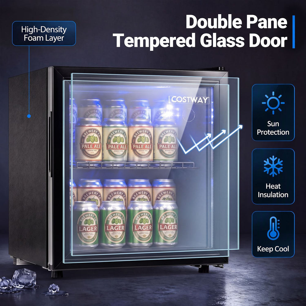 53 Can Mini Fridge with glass door shown storing drinks, highlighting heat insulation and sun protection for home or office.