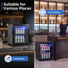 53 Can Mini Fridge with glass door and LED light shown freestanding in a home bar setting.