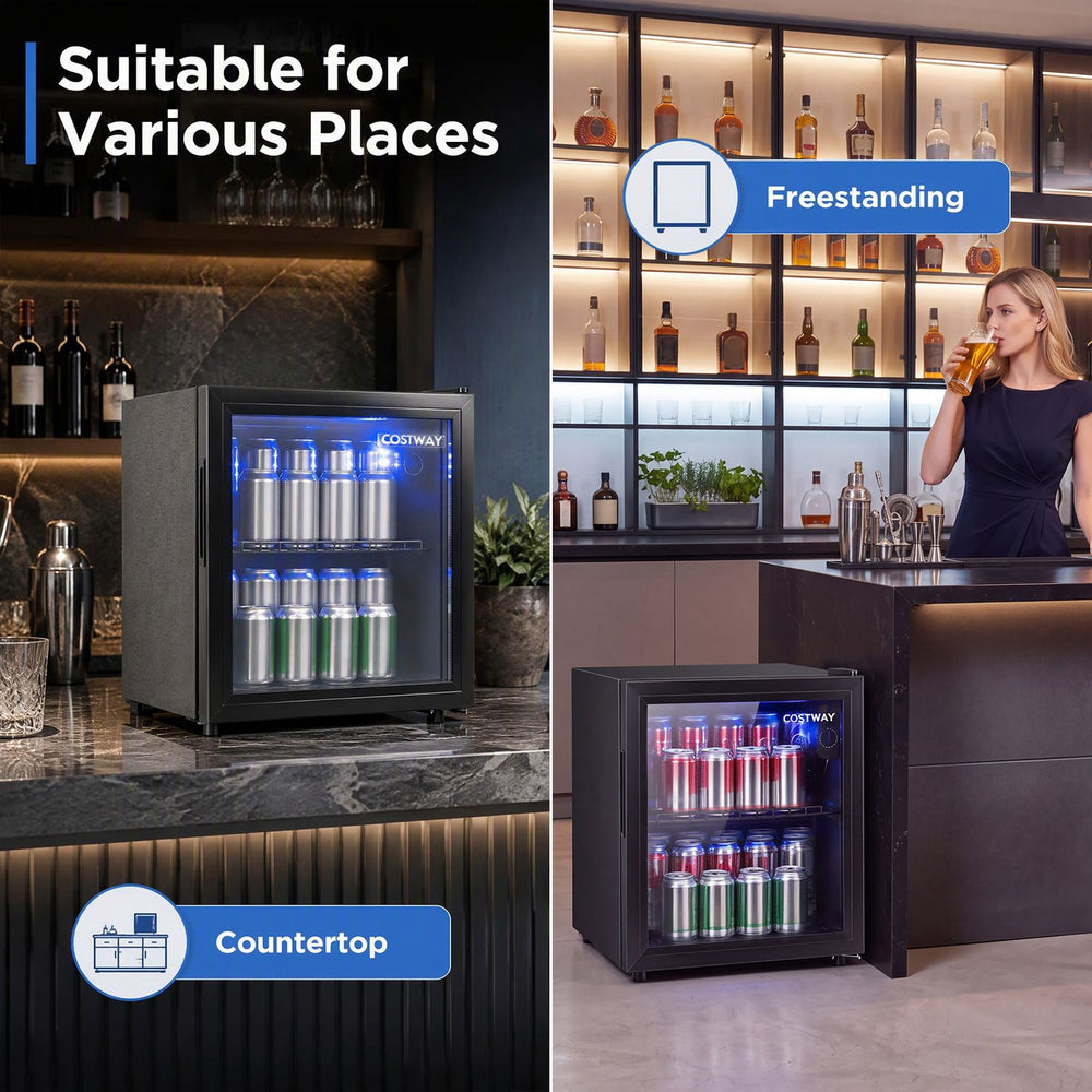 53 Can Mini Fridge with glass door and LED light shown freestanding in a home bar setting.