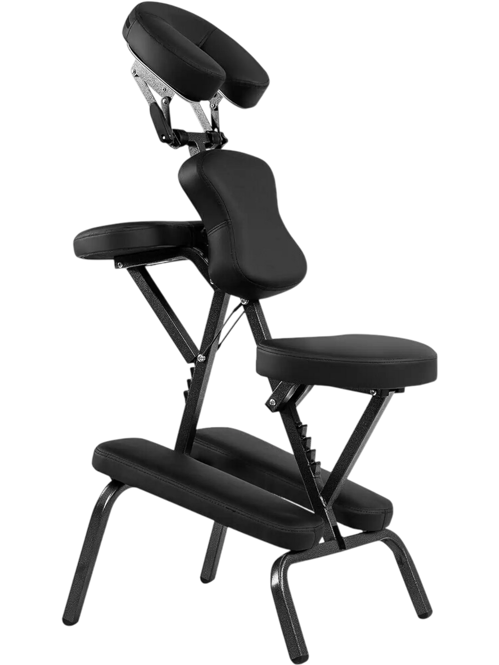Foldable PU leather travel massage chair with adjustable face cradle and armrest, designed for comfort and portability.