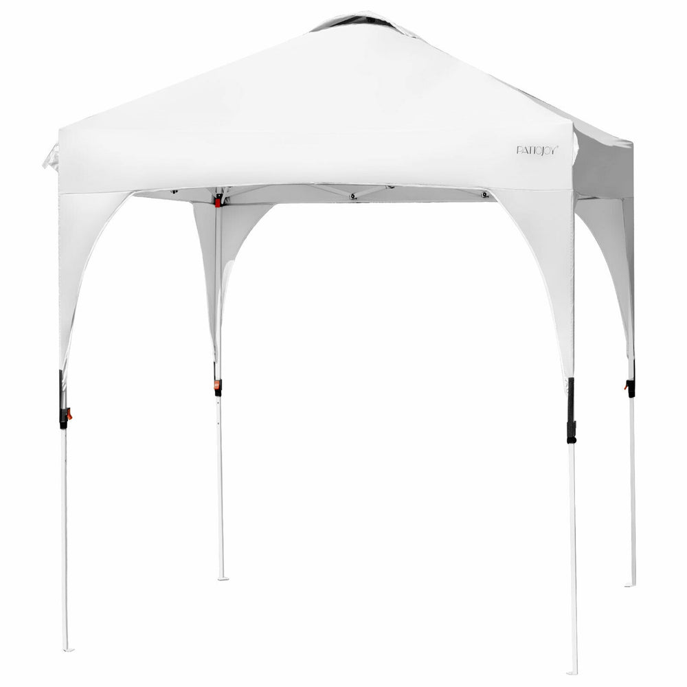 Height adjustable 6.6 x 6.6 FT white pop-up canopy tent with heavy-duty frame, ideal for outdoor shade and activities.