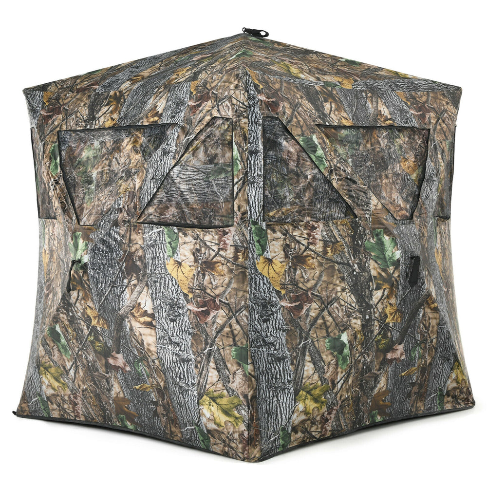 3-person portable pop-up hunting blind with camouflage design, multiple windows, and tie-downs for stability in outdoor.