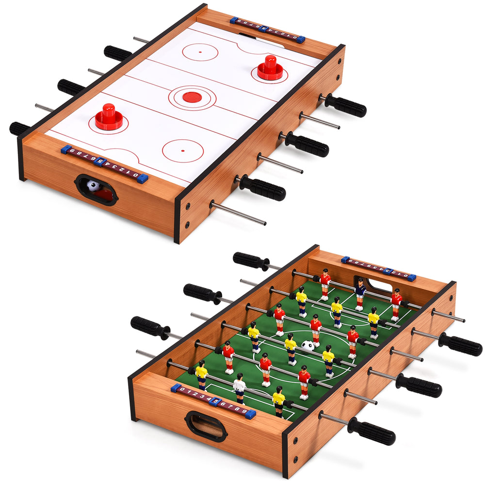 2-in-1 indoor/outdoor air hockey and foosball game table with rotating surfaces for versatile gameplay.