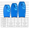 Dimensions chart for lightweight blue bodyboard with EPS core, showing sizes for different rider weights and ages.