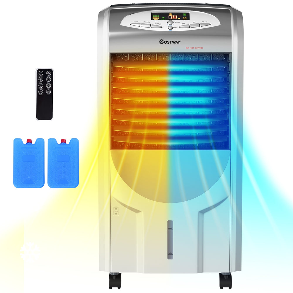 Portable air cooler fan with heater and humidifier, featuring honeycomb cooling media and remote control for versatile.