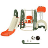 Toddler slide and swing set in orange with basketball hoop, football gate, and golf hole for active play and.