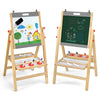 Kids art easel featuring a double-sided chalkboard and whiteboard, adjustable height, and storage for art supplies.
