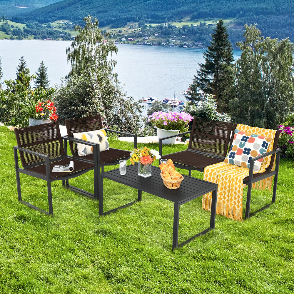4-piece patio furniture conversation set with steel frame and polyester seating, perfect for outdoor relaxation.