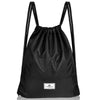Drawstring backpack in black with zipper pockets, made of durable polyester, ideal for gym, yoga, and shopping.