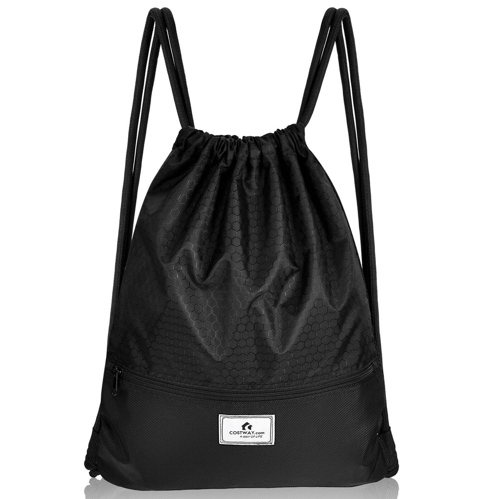 Drawstring backpack in black with zipper pockets, made of durable polyester, ideal for gym, yoga, and shopping.