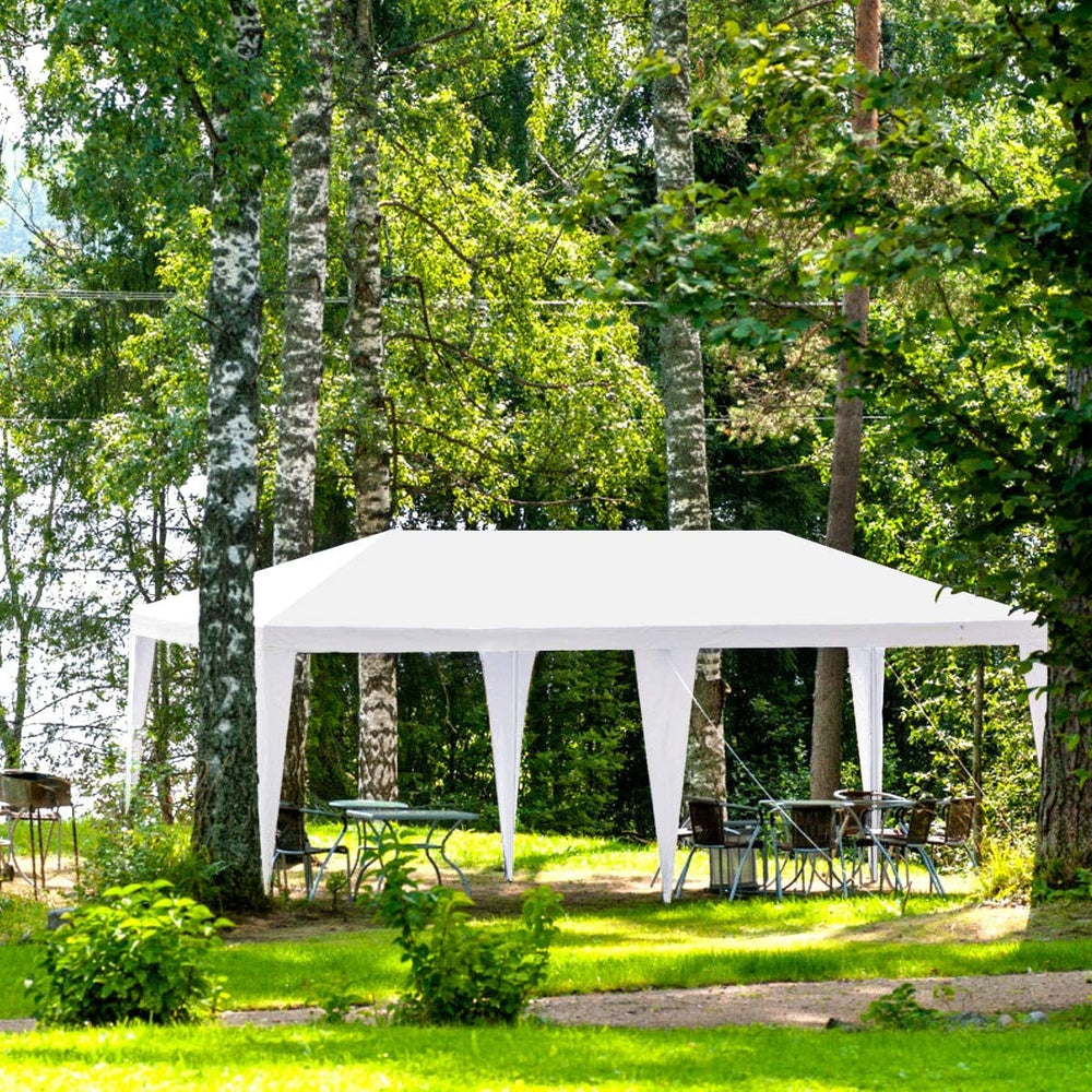 White 10 x 20 feet canopy tent with six sidewalls, ideal for outdoor events like parties and weddings.