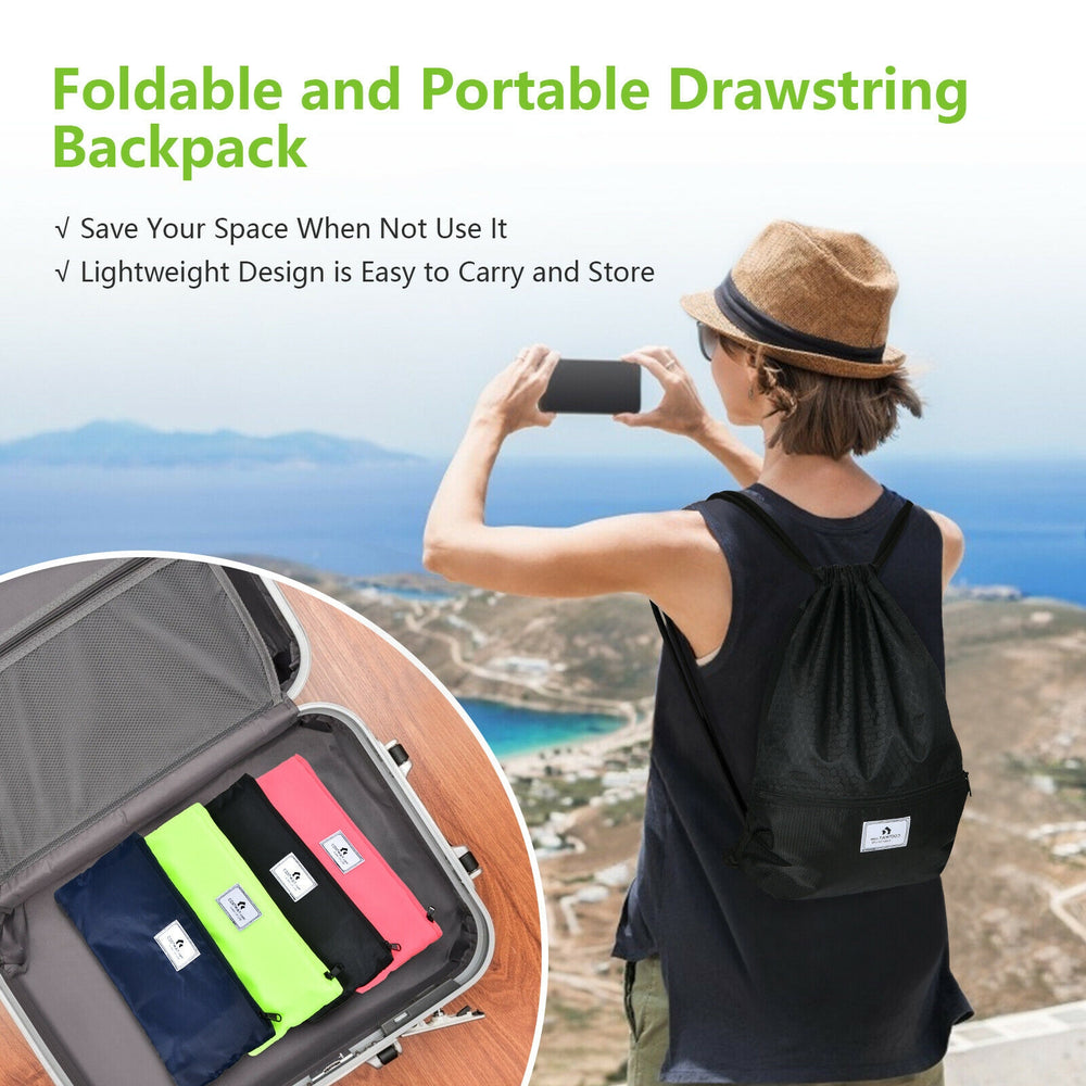 Foldable black drawstring backpack with zipper pockets, ideal for gym, shopping, and travel, featuring upgraded.