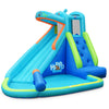 Hippo-themed inflatable water pool with slide and splash area, perfect for summer fun and safe play for kids.