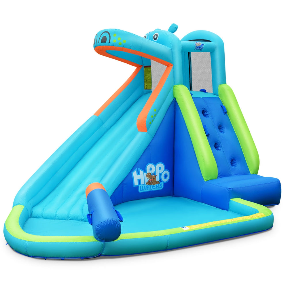 Hippo-themed inflatable water pool with slide and splash area, perfect for summer fun and safe play for kids.