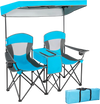 Portable folding camping canopy chairs in blue with a cup holder and adjustable canopy, perfect for outdoor relaxation.