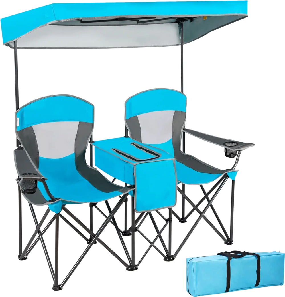 Portable folding camping canopy chairs in blue with a cup holder and adjustable canopy, perfect for outdoor relaxation.