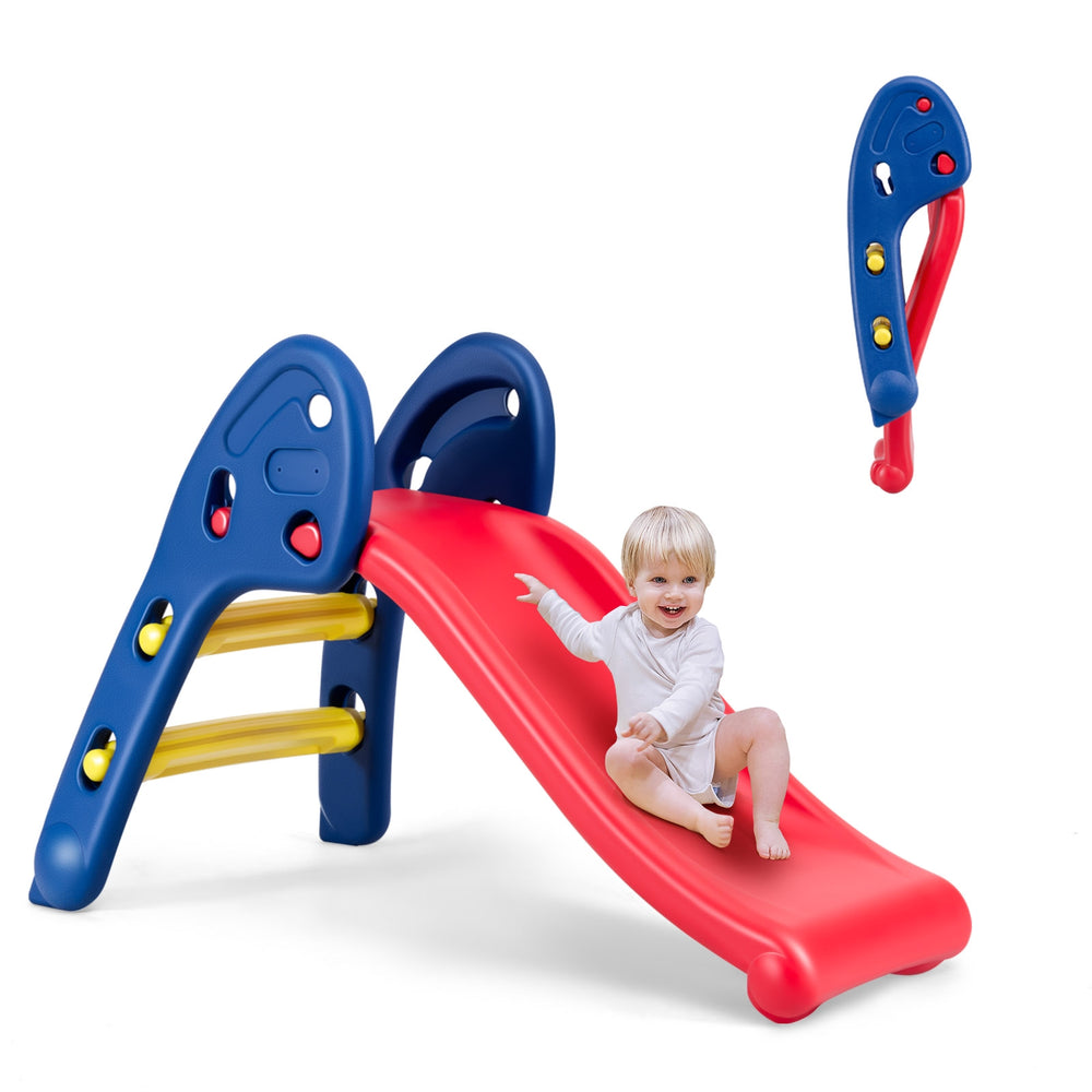 Children's folding plastic slide with easy climb steps, safety handrails, and smooth surface for kids aged 3-6 years.
