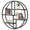 Circular wall-mounted 4-tier rack in black metal with wooden shelves, ideal for displaying plants and decor in modern.