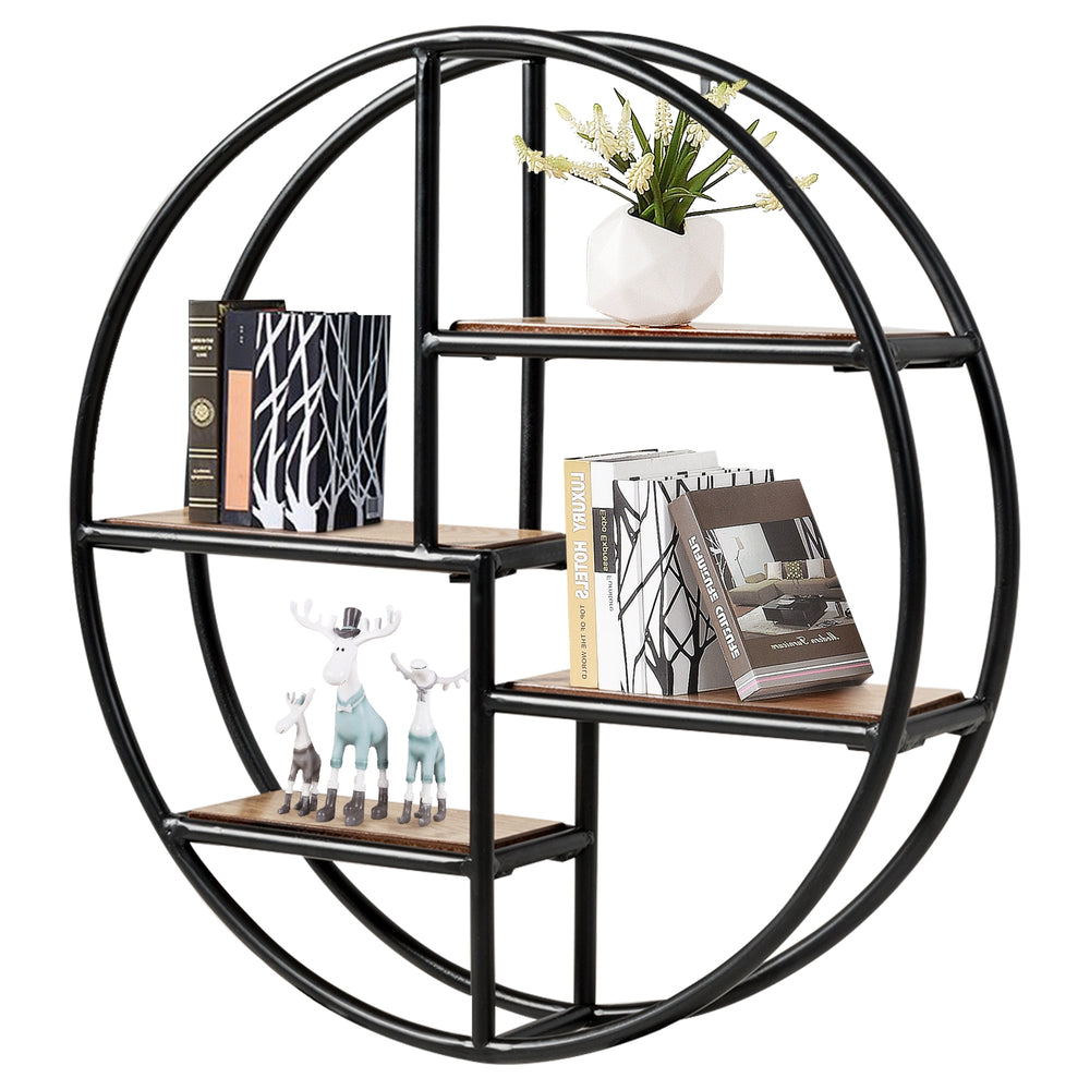 Circular wall-mounted 4-tier rack in black metal with wooden shelves, ideal for displaying plants and decor in modern.