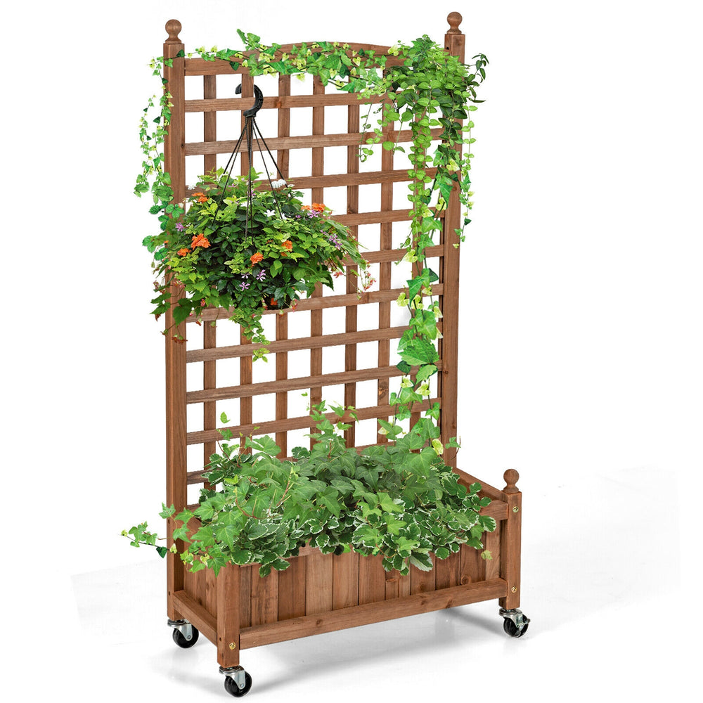 Wood planter box with trellis for climbing plants, featuring a spacious 6.5'' deep bed and mobile design on wheels.