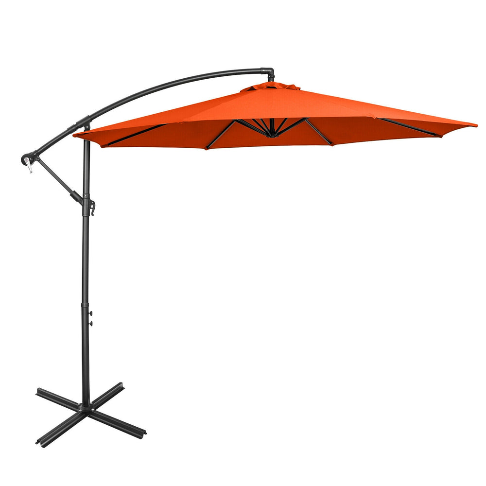 10 feet offset umbrella with orange polyester canopy, 8 iron ribs, and cross base for adjustable shade in outdoor.