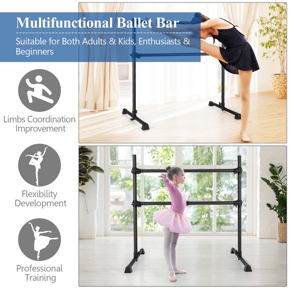 4 feet double ballet barre in black, adjustable height from 7" to 46", ideal for dance and stretching exercises.