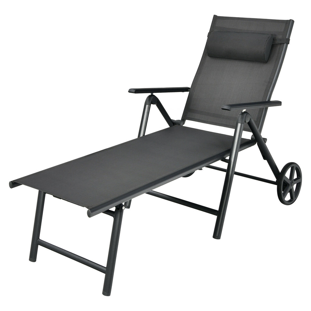 Gray patio lounge chair with wheels, adjustable backrest, and neck pillow, perfect for poolside or backyard relaxation.