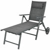 Gray patio reclining chaise lounge with adjustable backrest and neck pillow, perfect for outdoor relaxation and.