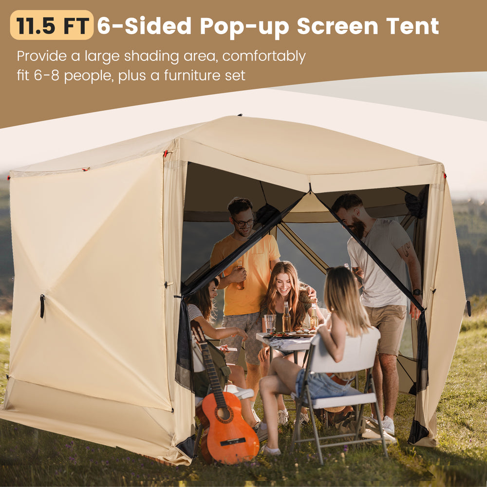 6-sided pop-up screen tent, 11.5 x 11.5 ft, for 6-8 people, made of durable polyester, ideal for outdoor gatherings.