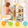 Wooden dollhouse for kids with furniture and figures, promoting imagination and social skills through interactive play.