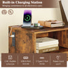 Rustic brown nightstand with built-in charging station, 2 AC outlets, USB port, and spacious drawer for storage.