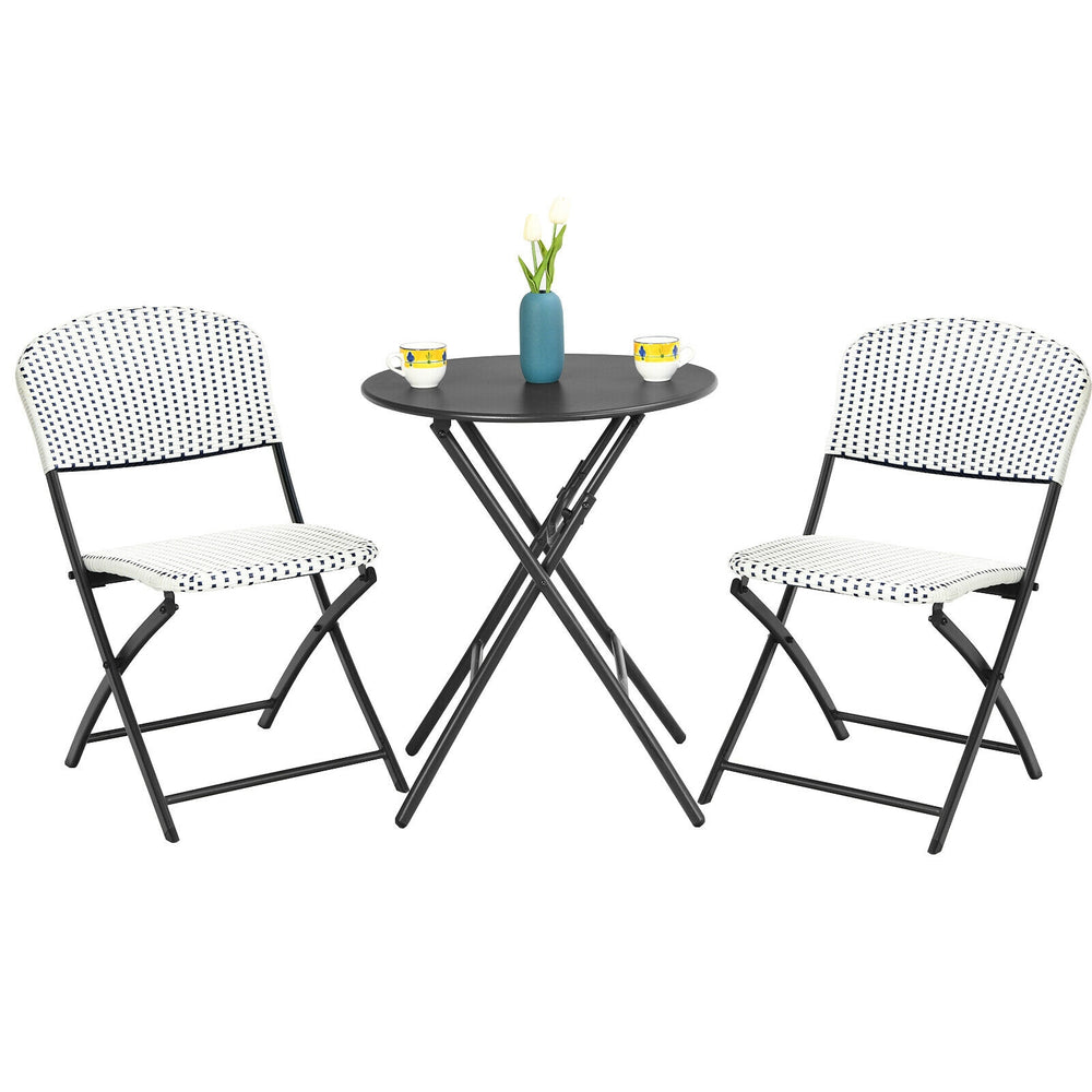3-piece patio rattan bistro set featuring a round folding table and 2 chairs, perfect for outdoor dining and relaxation.