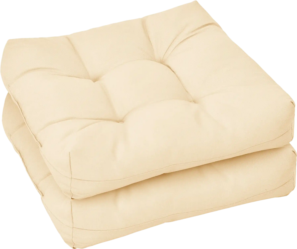 Beige 21x21 inch patio chair seat cushion pads with 4" high resilience cotton, ideal for indoor and outdoor use.