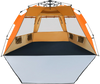 Orange 3-4 person pop-up beach tent with UPF 50+ protection, spacious interior, and large mesh windows for ventilation.
