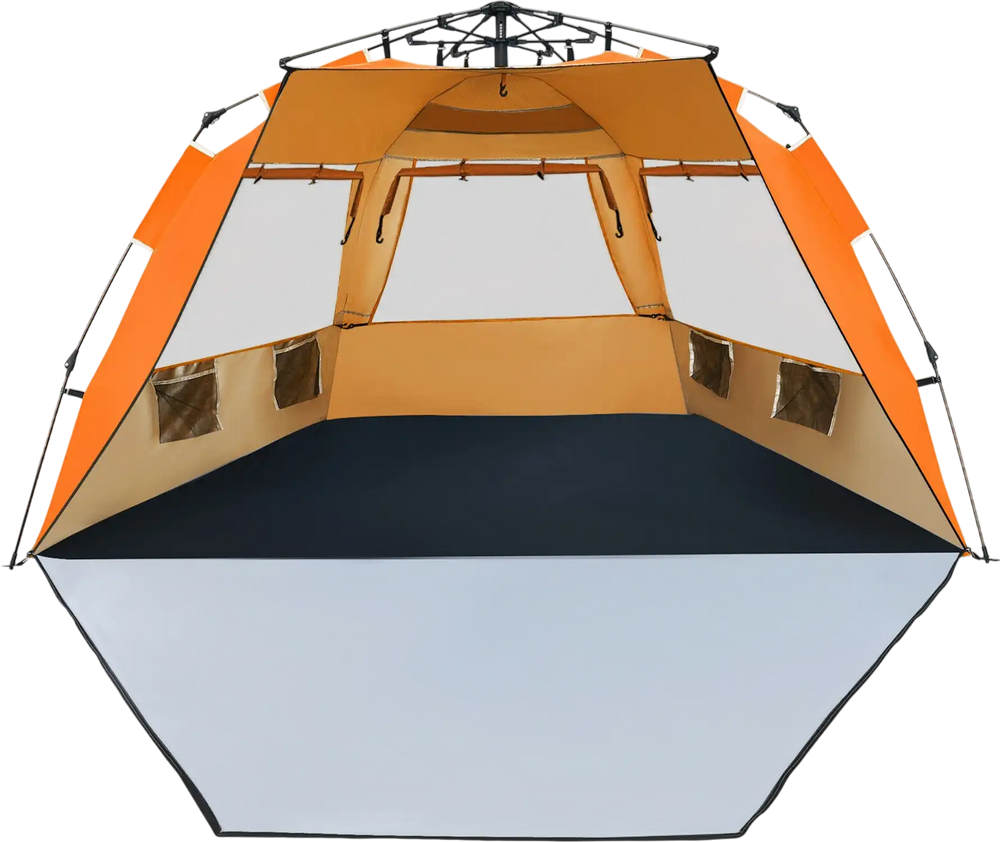Orange 3-4 person pop-up beach tent with UPF 50+ protection, spacious interior, and large mesh windows for ventilation.
