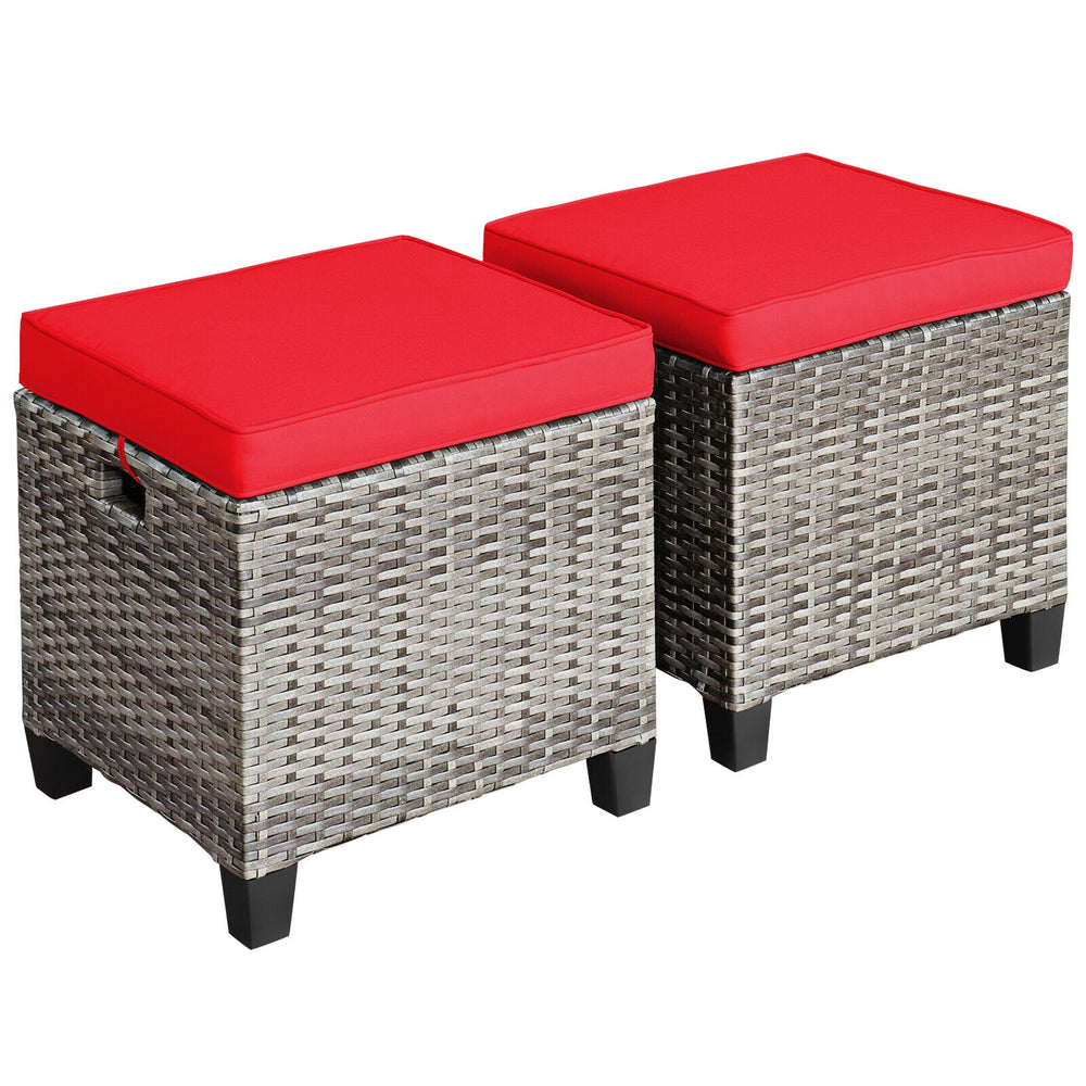 Two outdoor rattan ottomans with removable red cushions, made of weather-resistant PE rattan for patio use.