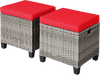 Set of two patio rattan wicker ottomans with red removable cushions, perfect for outdoor use in garden or poolside.