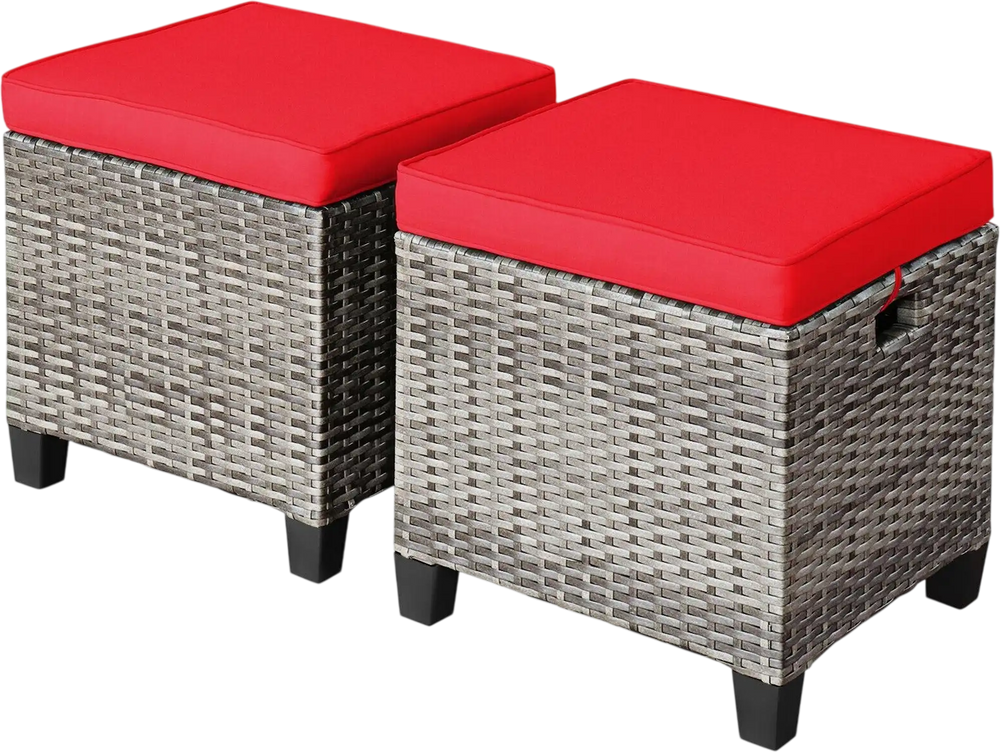 Set of two patio rattan wicker ottomans with red removable cushions, perfect for outdoor use in garden or poolside.