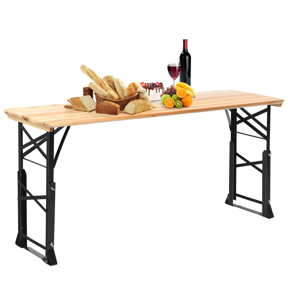 Folding picnic table with a wood top and adjustable heights, perfect for outdoor gatherings and easy storage.