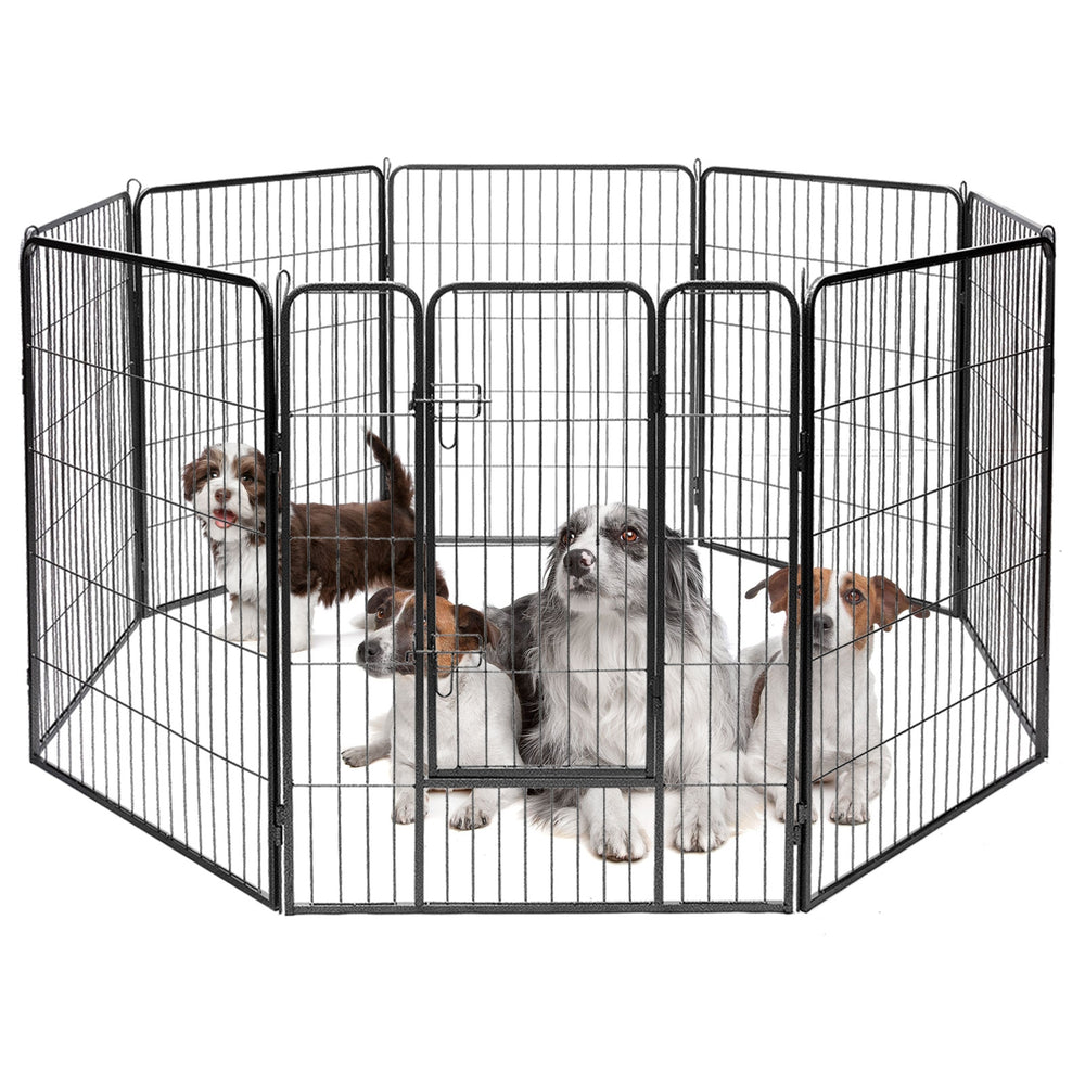 Heavy-duty 8-panel pet playpen with door, 40-inch height, ideal for outdoor use and pet exercise.