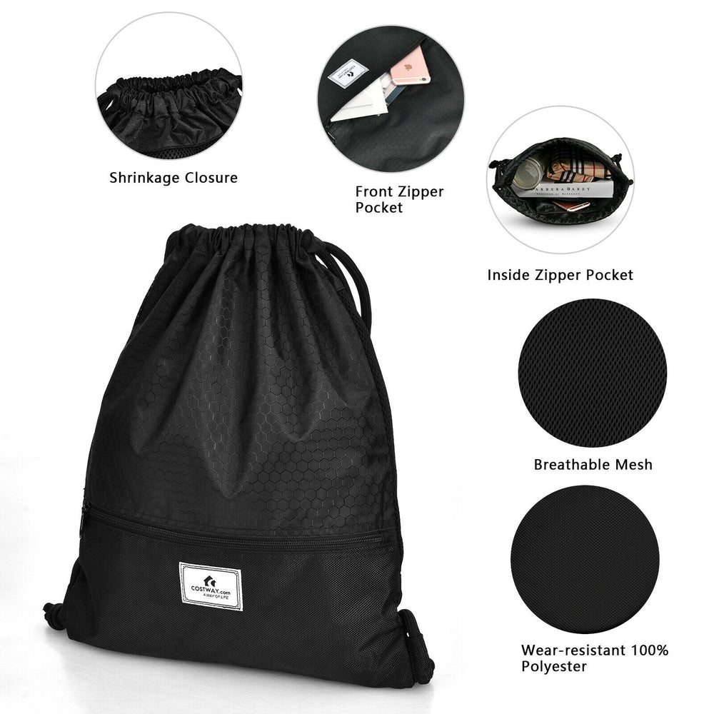 Drawstring backpack in black with zipper pockets, made of durable polyester, perfect for gym, shopping, and travel.