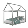 Gray kids platform floor bed with roof, sturdy wooden frame, and heavy-duty slats for durability and stability.