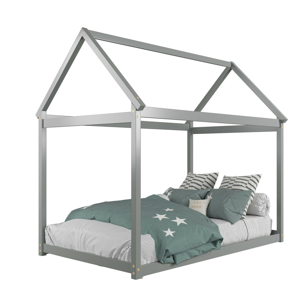 Gray kids platform floor bed with roof, sturdy wooden frame, and heavy-duty slats for durability and stability.