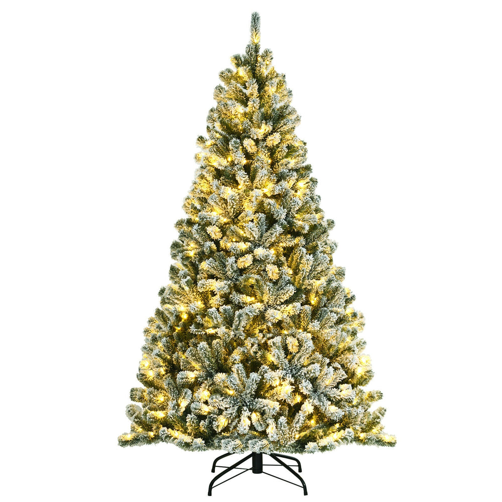 6-foot pre-lit snow flocked Christmas tree with 928 tips and a sturdy metal stand for festive holiday decor.