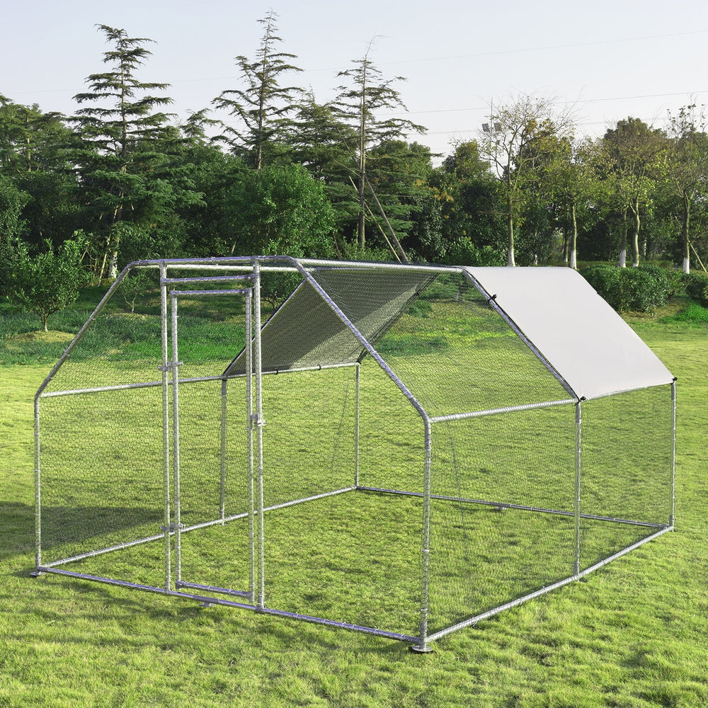 Large walk-in chicken coop run house with solid steel frame, waterproof cover, and lockable door for outdoor use.