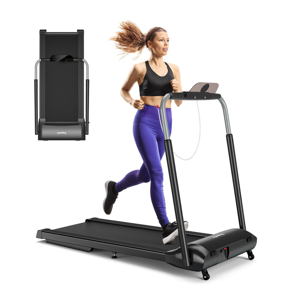 Compact folding treadmill with touch screen, featuring a 3.0HP motor and shock-absorbing running belt for home workouts.
