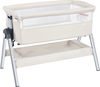Portable baby bedside sleeper in beige with adjustable height and angle, featuring a sturdy aluminum frame and cotton.